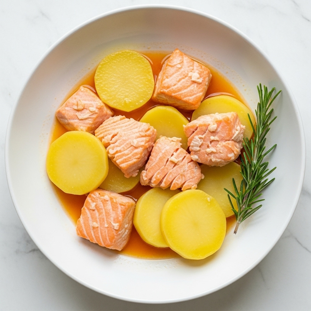 The image shows a white plate with a dish containing three main layers: large pieces of soft, pale orange cooked salmon placed slightly to one side; several thick slices of yellow potato positioned close to and partly under the salmon; and a shallow pool of light orange broth at the bottom that covers parts of the salmon and potatoes. A small sprig of green rosemary with purple flowers is placed near the edge of the plate in the background, all set on a white marbled surface. photo taken with an iphone --ar 4:5 --v 7