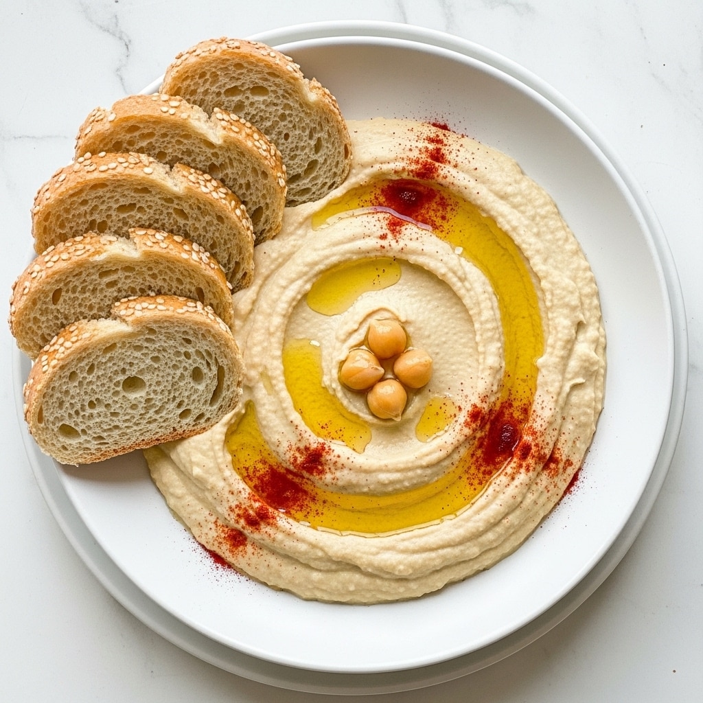 A bowl filled with creamy, light beige hummus swirled on top with a small pool of olive oil, a sprinkling of orange-red paprika, and three chickpeas placed in the center. The bowl is set on a white plate, and around the bowl are several slices of light brown bread leaning on the side, all placed on a white marbled surface. photo taken with an iphone --ar 4:5 --v 7