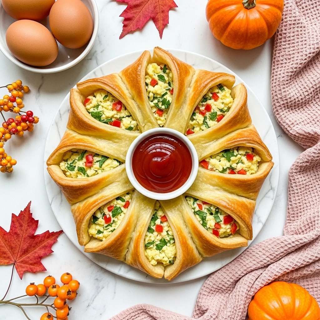 A round savory pastry shaped like a flower with eight golden-brown folded crust petals arranged in a circle, each petal revealing a filling of scrambled eggs mixed with green herbs and bits of red peppers underneath. In the center is a small white bowl filled with thick, bright red ketchup. The whole dish sits on a white marbled surface, surrounded by autumn decorations including a large green and orange pumpkin, clusters of small yellow and orange berries, a piece of pink textured cloth, three brown eggs resting in a small white square dish, and a red maple leaf near the top right corner. Photo taken with an iphone --ar 4:5 --v 7