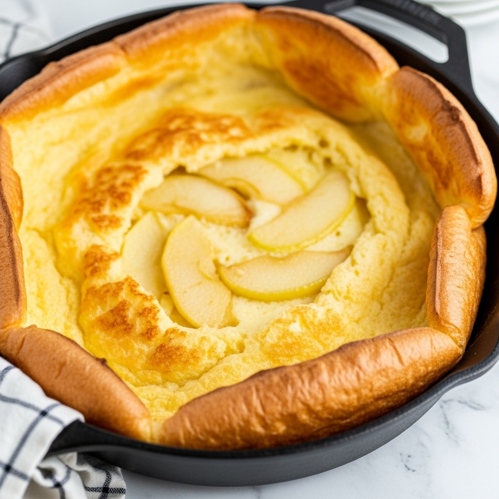 A close-up view of a golden-brown Dutch baby pancake filling a black cast iron skillet, with its edges puffed and slightly crisp, showing a soft and airy texture. The pancake has a light yellow color with some darker, toasted spots, and partially visible cooked apple slices peeking through the surface in the center. The skillet sits on a white marbled surface with a hint of a checked cloth nearby. Photo taken with an iphone --ar 4:5 --v 7