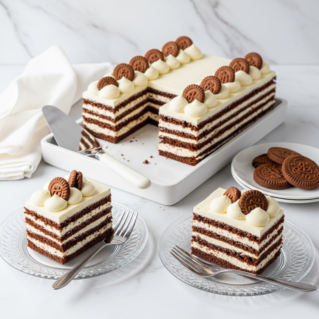 The image shows a rectangular layered dessert with ten thin dark brown chocolate cookie layers evenly spaced and separated by thick white cream layers, placed on a white serving dish. The top layer is decorated with swirls of white cream and small pieces of chocolate cookies, some whole and some broken. Two slices of the dessert with the same clear layers are served on clear glass plates, each accompanied by a fork and topped with a piece of chocolate cookie. Nearby, there is a white plate with whole chocolate cookies, a white marbled textured surface, and a folded white cloth napkin with a blue edge. The overall setting is clean and light. photo taken with an iphone --ar 4:5 --v 7