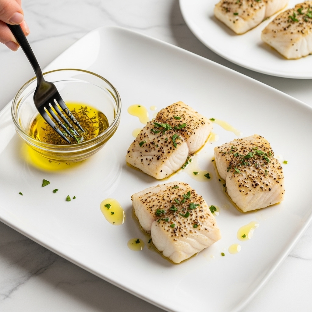 The image shows a white round plate with four pieces of cooked white fish fillets seasoned with black pepper and herbs, each piece showing a light golden-brown texture on the edges. Next to it, there is a clear glass bowl filled halfway with golden olive oil, with a black fork dipping into it held by a woman's hand. In the background, there is part of another white plate with more fish pieces. The setting is on a white marbled textured surface. photo taken with an iphone --ar 4:5 --v 7