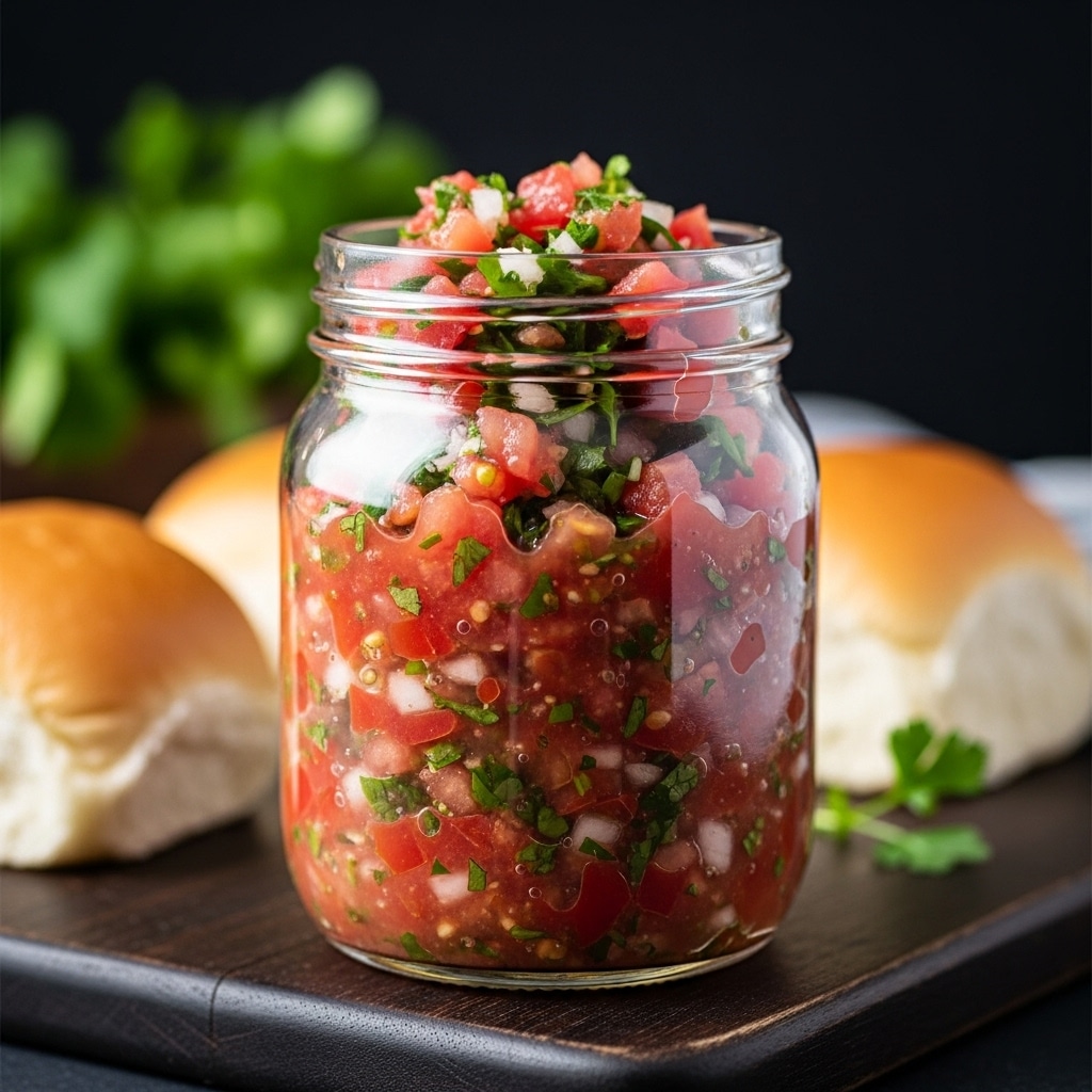 A clear glass jar filled to the top with chunky red salsa, showing small pieces of tomatoes, green herbs, and bits of onion. The salsa texture looks thick with visible seeds and herbs evenly spread throughout. In the background, there are soft round buns on a white plate and an out-of-focus dish with small tacos or sandwiches, all set on a white marbled surface, giving a fresh and rustic kitchen feel. photo taken with an iphone --ar 4:5 --v 7
