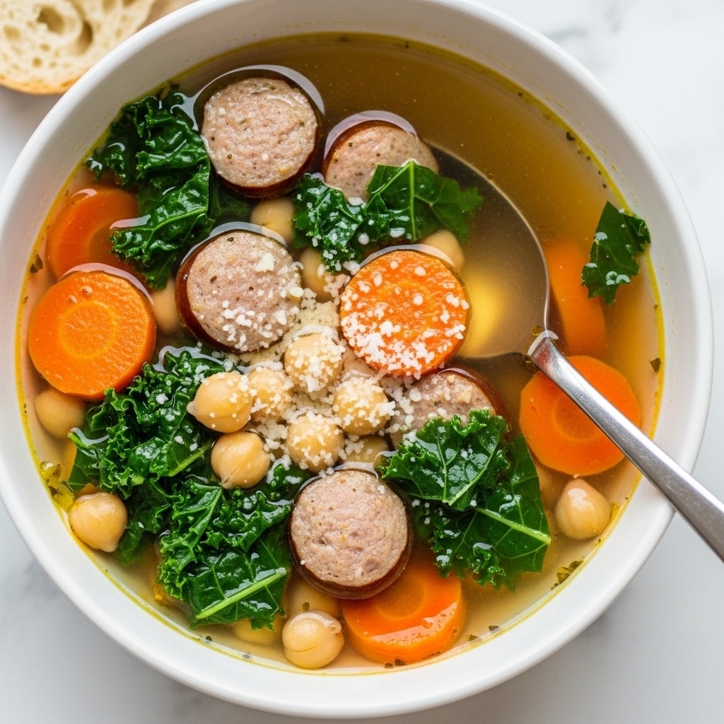 A white bowl filled with a warm, light brown broth soup that contains round chickpeas, small orange carrot slices, green kale leaves, and small chunks of cooked sausage. The soup is sprinkled with grated cheese and small bits of herbs. A silver spoon rests inside the bowl on the right side. The bowl is placed on a white marbled surface with a small piece of bread visible in the top left corner. Photo taken with an iphone --ar 4:5 --v 7