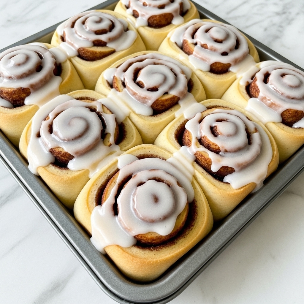A close-up view of six cinnamon rolls placed closely together inside a gray baking pan, each roll showing three visible layers: a soft light beige dough base, a darker brown spiral cinnamon sugar filling in the middle, and a shiny white glaze drizzled unevenly on top. The rolls appear fluffy with a slightly toasted golden edge and the glaze looks smooth and glossy, creating a contrast with the textured cinnamon filling. The pan sits on a white marbled surface, and the photo is focused mainly on the front rolls with a slight blur towards the back. photo taken with an iphone --ar 4:5 --v 7