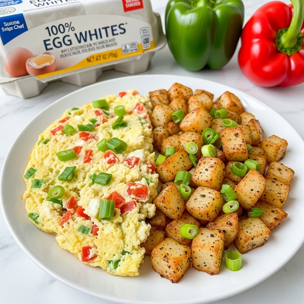 A white plate holds a breakfast dish with two main parts: an egg white omelette and a heap of diced breakfast potatoes. The omelette, in the front half of the plate, is pale yellow and white with visible small pieces of red and green bell peppers inside, topped with chopped green onions. It appears soft and slightly folded over, showing its fluffy texture. Behind the omelette, the breakfast potatoes are golden brown with some crispy edges and specks of black pepper, cut into small cubes. In the background, on a white marbled surface, there are whole green and red bell peppers and a carton of Egg-Land's Best 100% Egg Whites. photo taken with an iphone --ar 4:5 --v 7