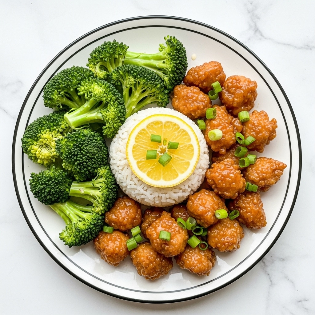 A white plate with two thin dark rings near the edge holds a serving of white rice at the center topped with golden brown pieces of glazed chicken scattered around and on top, garnished with small green chopped herbs. A half lemon slice rests on the chicken, adding a pop of bright yellow. To the lower side of the plate, there is a portion of cooked broccoli with a vibrant green color, providing contrast to the warm colors of the chicken and rice. The background is a white marbled texture. photo taken with an iphone --ar 4:5 --v 7