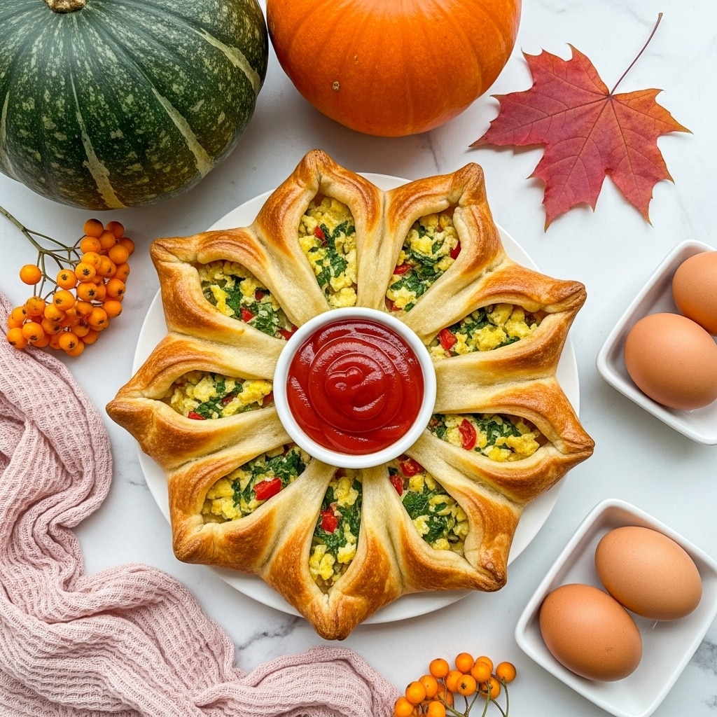 A round, golden-brown pastry with eight thick, triangular layers arranged like flower petals, each layer showing a textured filling of scrambled eggs mixed with green herbs and small pieces of red bell pepper inside. In the center of the pastry is a small white bowl filled with smooth, deep red ketchup. The round dish rests on a white marbled surface, surrounded by some small decorations including three brown eggs in a white dish at the top left, orange and gold berries, a pink textured cloth, a small pumpkin, and a red maple leaf. Photo taken with an iphone --ar 4:5 --v 7