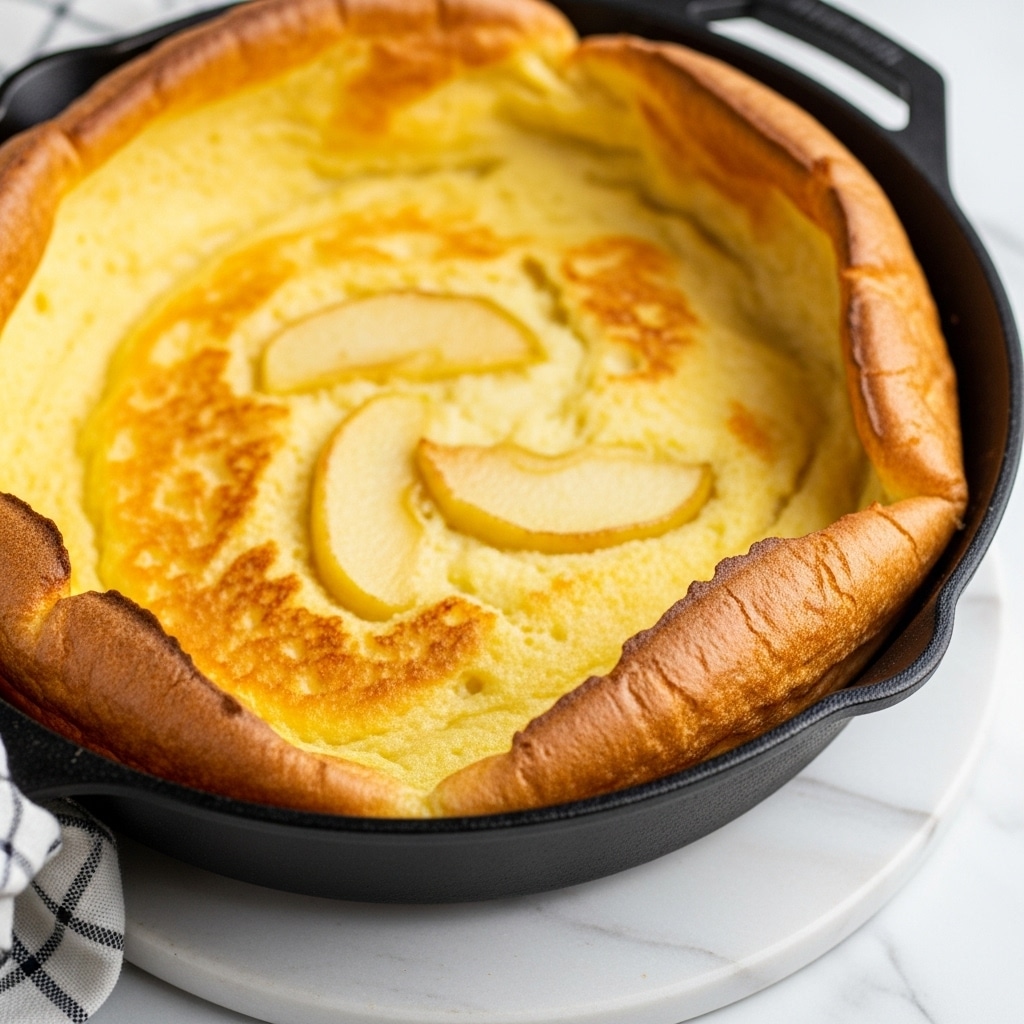 A close-up of a thick pancake in a black cast iron pan sitting on a white marbled surface with a checkered cloth partly visible below. The pancake has a golden-brown, uneven surface with bubbles and raised edges, showing a soft, slightly spongy texture. Thin slices of cooked apple with a light brown tint are partially embedded into the top layer, blending with the yellowish pancake. The edges are slightly crispy and puffed up, creating a rough crust that contrasts the smoother center. Photo taken with an iphone --ar 4:5 --v 7