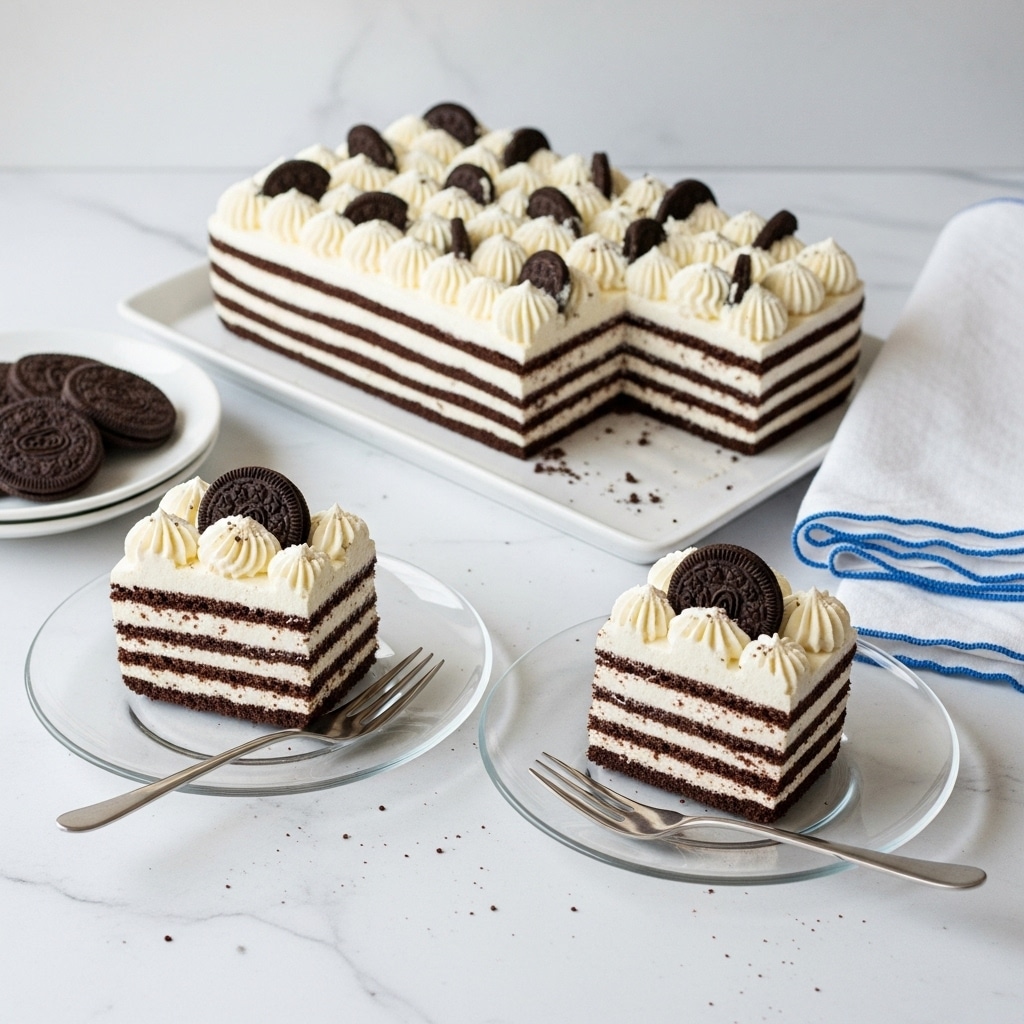 A dessert with many thin layers, about thirteen, alternating between dark brown cake and white cream, cut into square slices. The top layer is decorated with swirls of white cream and pieces of chocolate biscuit on a white tray. Two slices are placed on clear glass plates, each with a silver fork beside it. Additional chocolate biscuits are on a small white plate nearby. The background is a white marbled texture with some white napkins folded on the side and a silver spatula with a white handle next to the tray. photo taken with an iphone --ar 4:5 --v 7
