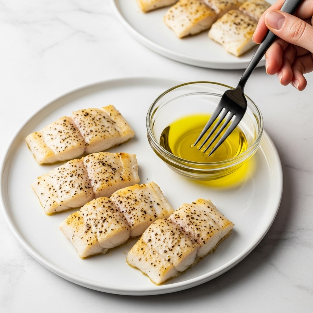 The image shows four pieces of cooked white fish fillets on a clean white plate, arranged loosely in a rough square shape. Each fillet is lightly golden with a topping of finely ground black pepper and herbs, giving a speckled dark texture over the light fish. Around the fillets, a few drops of oil add a slight shine and moisture. On the left side of the image, there is a small clear glass bowl filled with yellow oil and sprinkled with herbs. A black fork is dipped into the oil, held by a woman's hand. In the background, another white plate with two more fish fillets is partly visible on a white marbled surface. Photo taken with an iphone --ar 4:5 --v 7