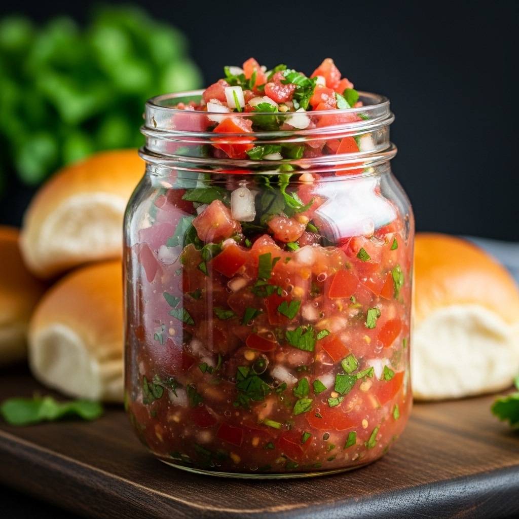 A clear glass jar filled to the top with chunky salsa, showing a mix of finely chopped red tomatoes, green herbs, and small bits of onion throughout, giving it a vibrant red and green color with a slightly wet texture. The jar is placed on a dark wooden board with a few soft buns and green herbs blurred in the background, all set against a dark setting that contrasts the bright salsa colors. photo taken with an iphone --ar 4:5 --v 7