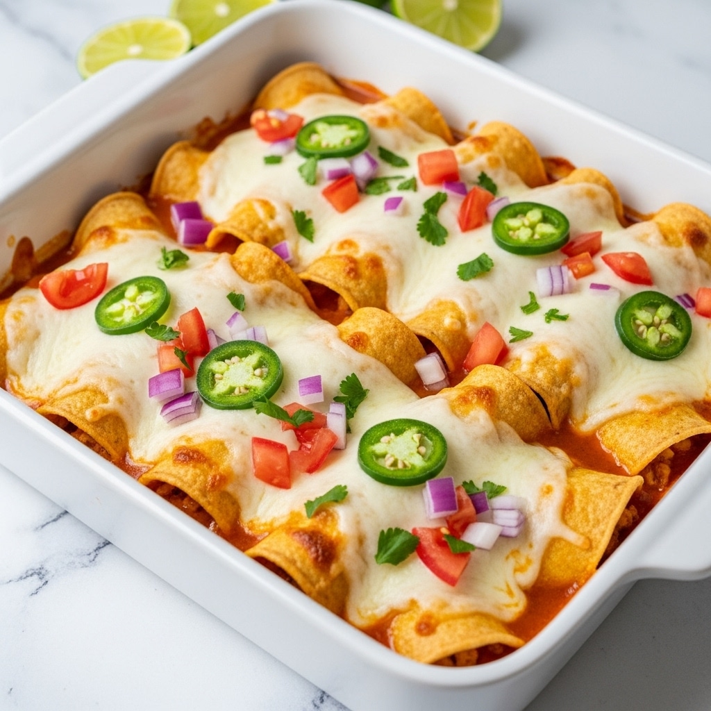 A white rectangular baking dish holds a layered enchilada casserole on a white marbled surface. The base layer is made of rolled tortillas filled and closely placed side by side, visible at the edges as light tan curved shapes. Over them is a thick, melted white cheese layer covering the tortillas fully with a smooth, slightly browned texture. On top, there is a fresh layer of diced bright red tomatoes, finely chopped purple onions, and chopped green scallions scattered evenly. Three sliced green jalapeño rings sit in the center, adding a pop of deep green. Fine sprinkles of chopped herbs add a touch of green all over the dish. Photo taken with an iphone --ar 4:5 --v 7