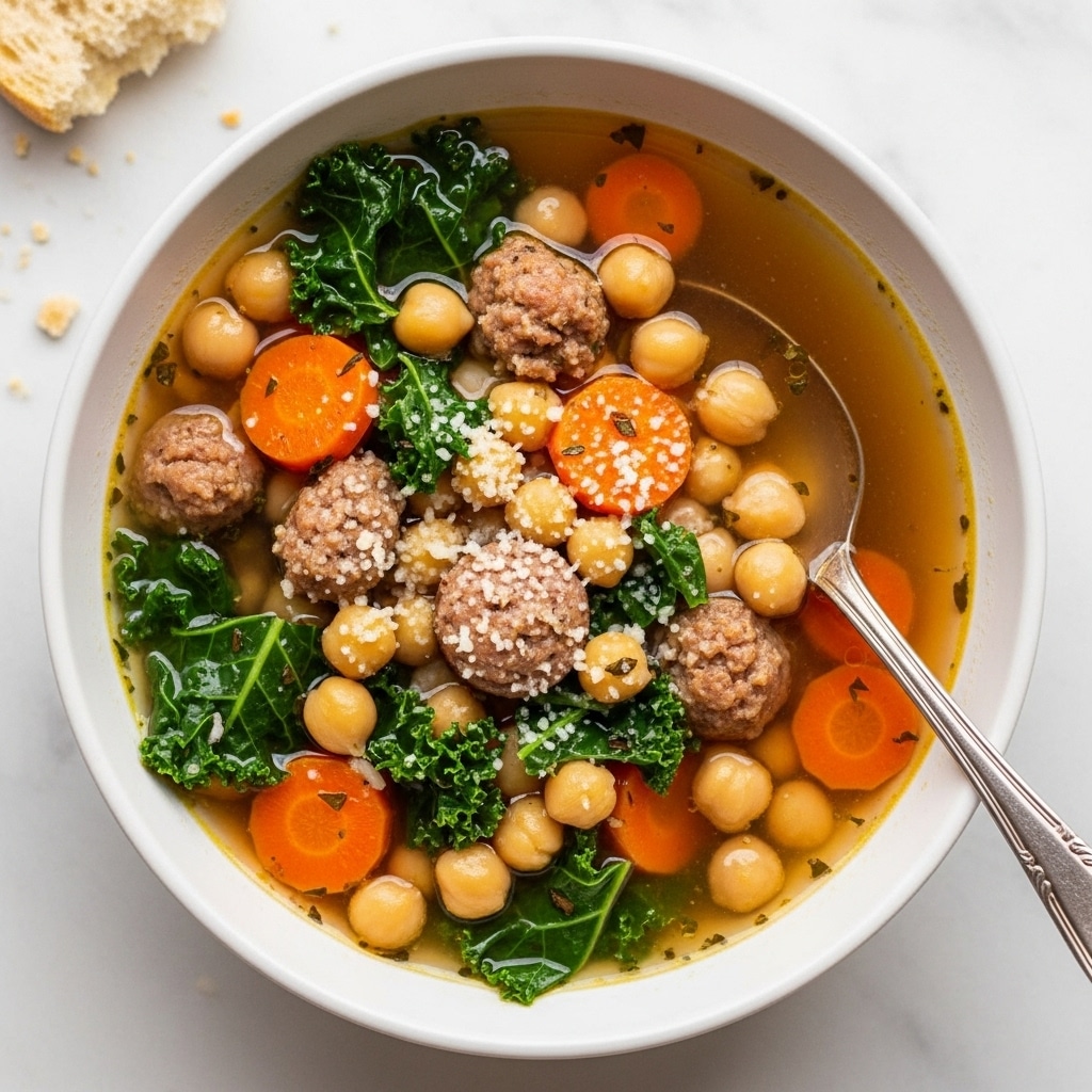 A close-up view of a bowl filled with a clear, light golden broth soup containing visible chunks of light brown sausage, round orange carrot slices, pale beige chickpeas, and dark green kale leaves scattered throughout. The soup has a light sprinkling of white grated cheese on top, adding texture. A silver spoon rests inside the white bowl on the right side, with part of its handle visible. The bowl sits on a white marbled surface, and a piece of bread is partially visible at the top left corner. photo taken with an iphone --ar 4:5 --v 7