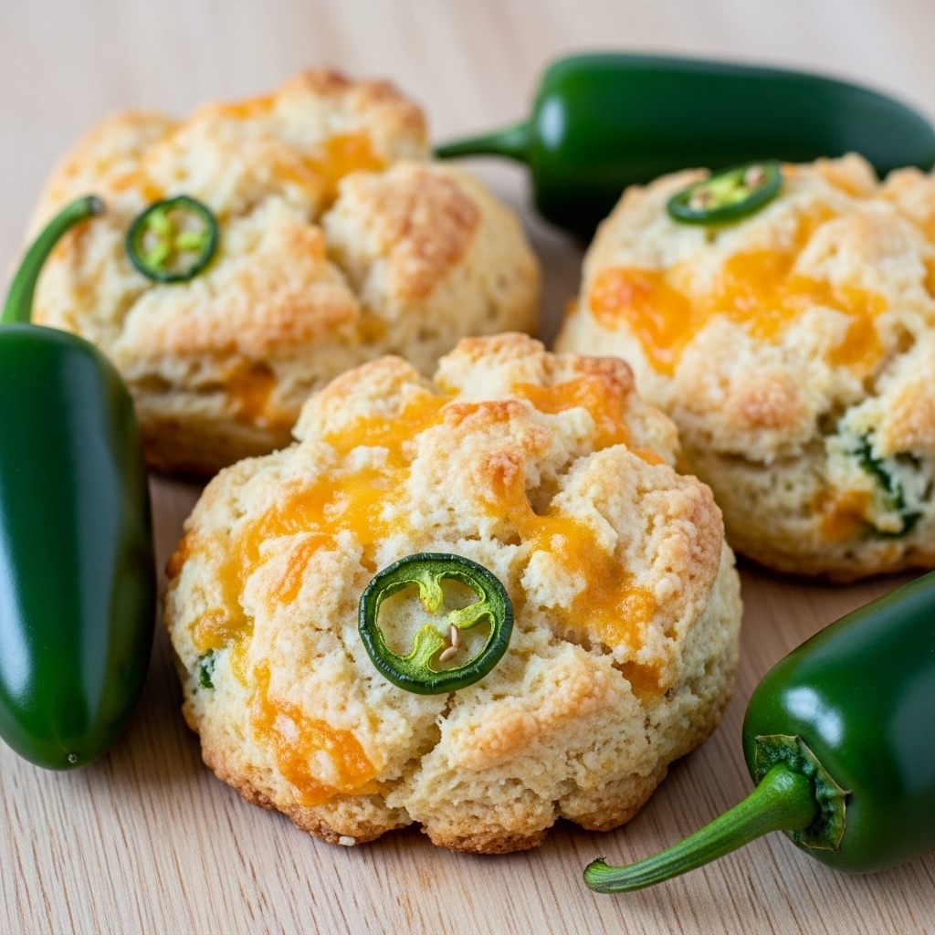 The image shows three baked scones with a rough, slightly uneven texture topped with melted yellow cheese and small green bits, possibly jalapenos, scattered throughout. The scones have a golden-brown bottom layer, with a creamy off-white and yellow cheesy layer on top. Nearby are two whole glossy green jalapeno peppers, lying on a light wooden surface that is replaced here with a white marbled texture. The scones are spread out in an irregular pattern with one prominently in the front center and the others slightly blurred in the background. photo taken with an iphone --ar 4:5 --v 7