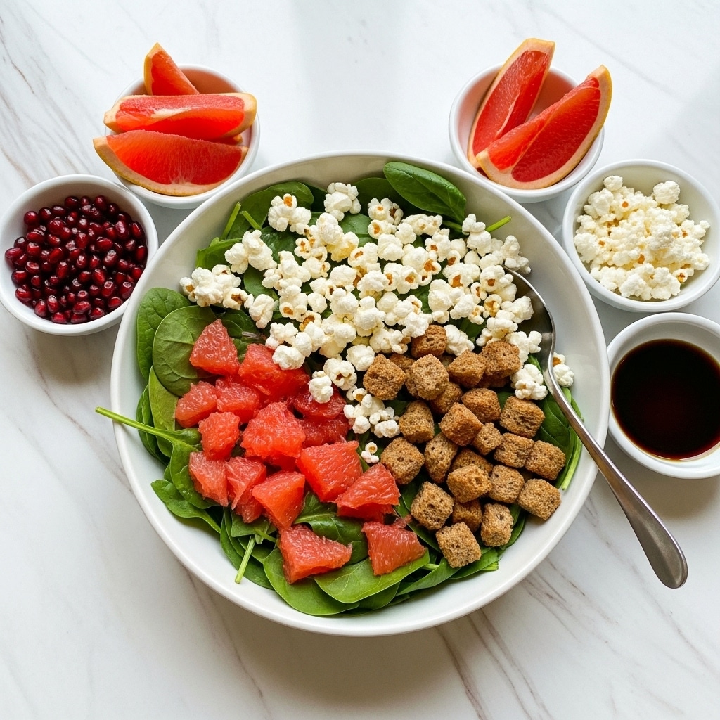 A white bowl filled with a fresh salad resting on a wooden table, containing several layers: bright green spinach leaves form the base, topped with slices of red and pink grapefruit, scattered white cottage cheese curds, deep red pomegranate seeds, and golden brown croutons. A silver spoon is placed inside the bowl. Around the bowl, there are four small white bowls on the table, each holding different salad ingredients or dressing: one with red pomegranate seeds, two with segments of pink grapefruit, and one with dark brown dressing. A small wooden bowl with a silver utensil and a bit of white cheese is also visible on the side. The background is a white marbled texture. Photo taken with an iphone --ar 4:5 --v 7