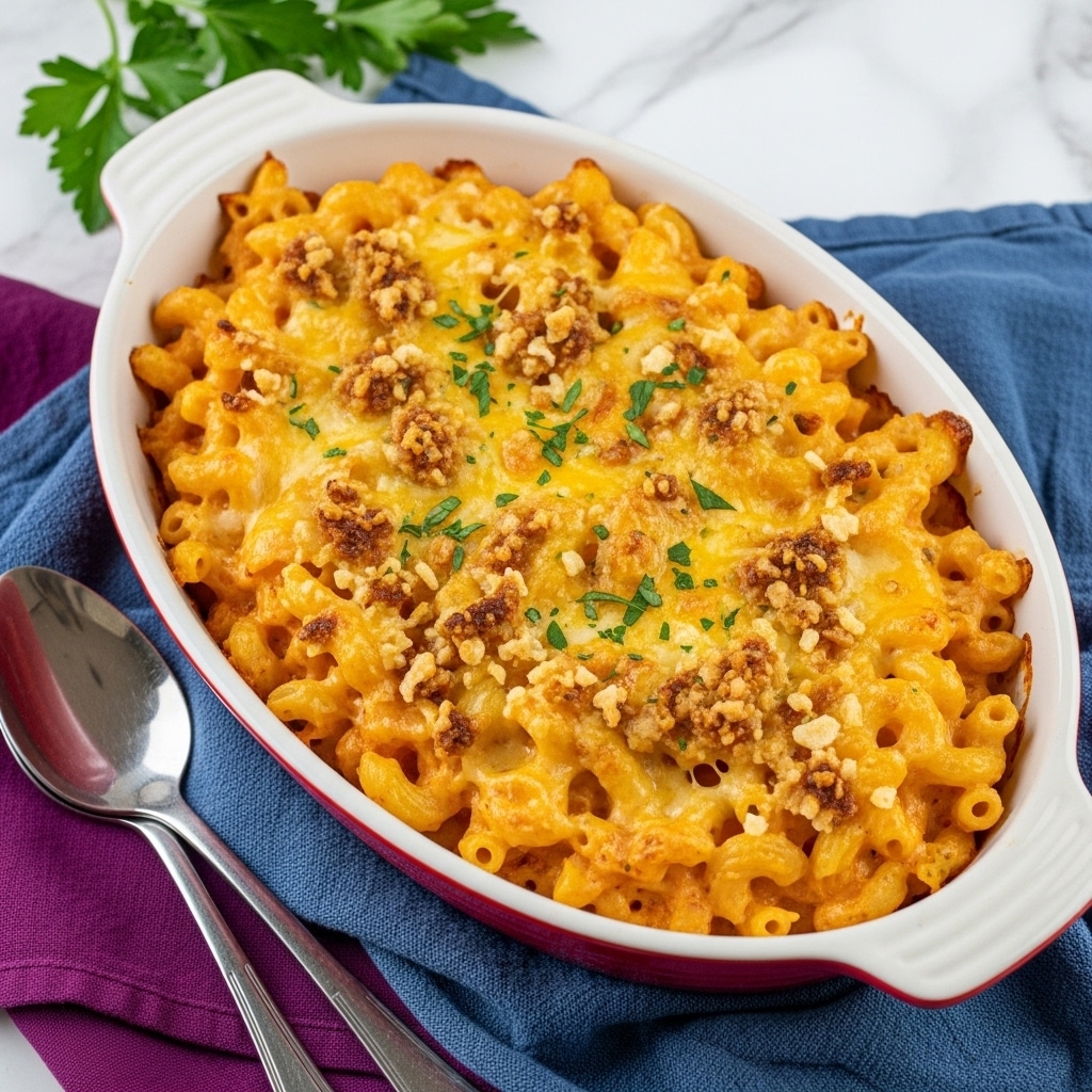 A white oval baking dish with a red rim holds a baked macaroni and cheese casserole with two main layers. The bottom layer is made of golden yellow cooked macaroni covered in creamy melted cheese sauce. On top, a bubbly golden brown layer of melted cheese is sprinkled with light brown toasted breadcrumbs and small pieces of crispy bacon bits. Fresh green parsley leaves are scattered over the top for color. The dish sits on a folded dark blue cloth over a white marbled surface, with a purple cloth napkin and two metal serving spoons beside it. Fresh parsley leaves add a touch of green in the background. Photo taken with an iphone --ar 4:5 --v 7
