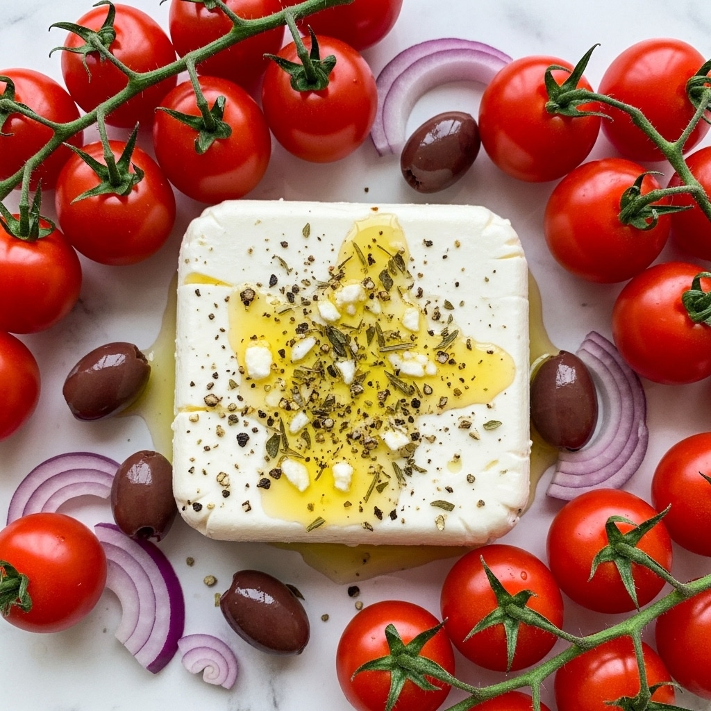 A white plate holds a large square of white feta cheese, placed in the center. The feta is sprinkled with crushed black pepper and drizzled with golden olive oil. Around the cheese are bright red cherry tomatoes attached to green stems, dark brown olives, and small pieces of purple-red onion, creating a colorful border. The dish sits on a white marbled surface. photo taken with an iphone --ar 4:5 --v 7
