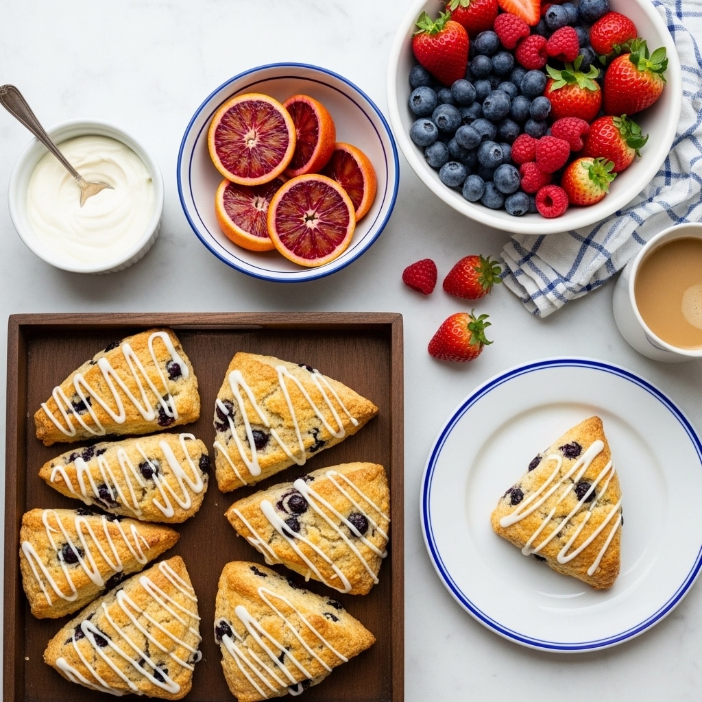 Seven triangular scones with a light golden brown color and visible blueberries inside are arranged on a dark wooden tray. Each scone is drizzled with thin white icing lines. To the upper right, a white bowl filled with red strawberries, red raspberries, dark blueberries, and light blueberries sits on a white marbled surface. Below the bowl, there is a white plate edged in blue holding one scone, and to the lower right, a white cup of dark coffee. On the left, a white striped bowl holds halved blood oranges, and a small white bowl with cream is nearby. A woman's hand holding a spoon is partially visible near the top left. The whole setup rests on a white marbled surface. photo taken with an iphone --ar 4:5 --v 7