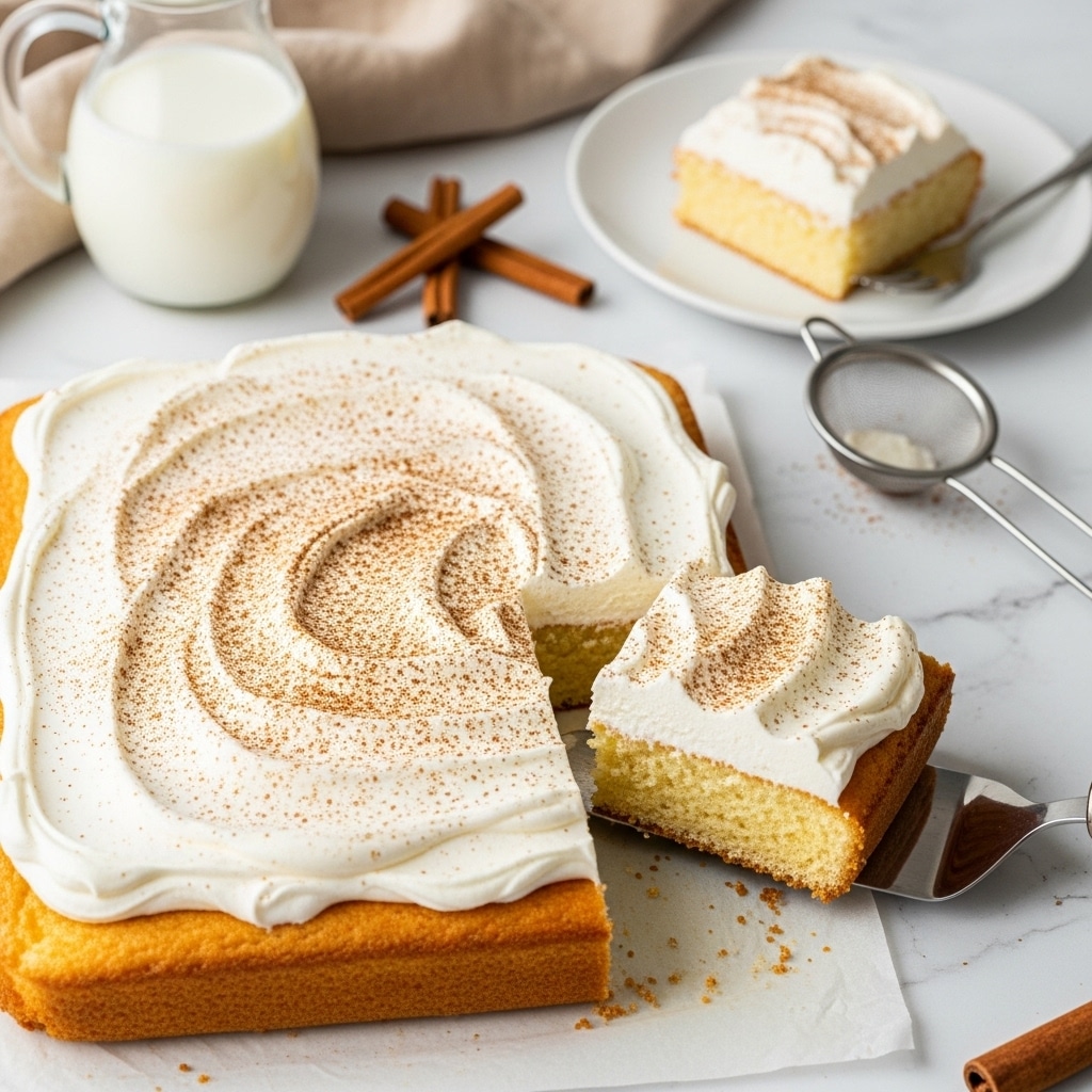 The image shows a rectangular cake with one visible layer of light golden sponge at the bottom, topped with a thick, creamy white frosting spread unevenly with visible ripples and peaks. The frosting is generously dusted with a fine layer of cinnamon powder, adding a warm brown speckled texture on top. A metal cake server lifts a square slice, revealing the soft, moist interior of the cake beneath the frosting. The cake sits on a light background with a white marbled texture, surrounded by cinnamon sticks, a small glass pitcher of milk, a beige cloth, and a white plate with a single cake slice. Photo taken with an iphone --ar 4:5 --v 7