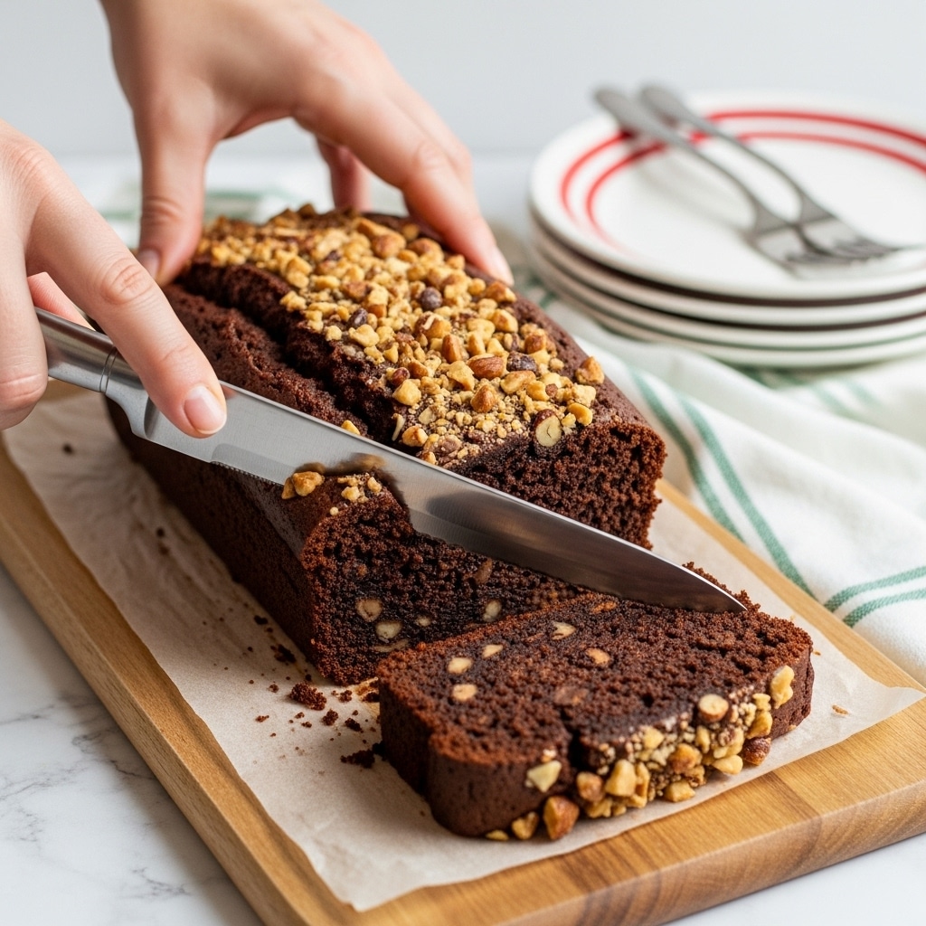 A thick, dark chocolate loaf cake is shown on a wooden board with a woman's hand slicing one piece with a silver knife. The cake has a moist texture and is filled with scattered nuts and chocolate chunks inside. The top layer is rough with chopped mixed nuts sprinkled all over, adding a crunchy texture. Behind the board, there is a stack of white plates with red stripes and two silver forks. The scene is set on a white marbled surface with a green and white striped cloth partially visible. photo taken with an iphone --ar 4:5 --v 7