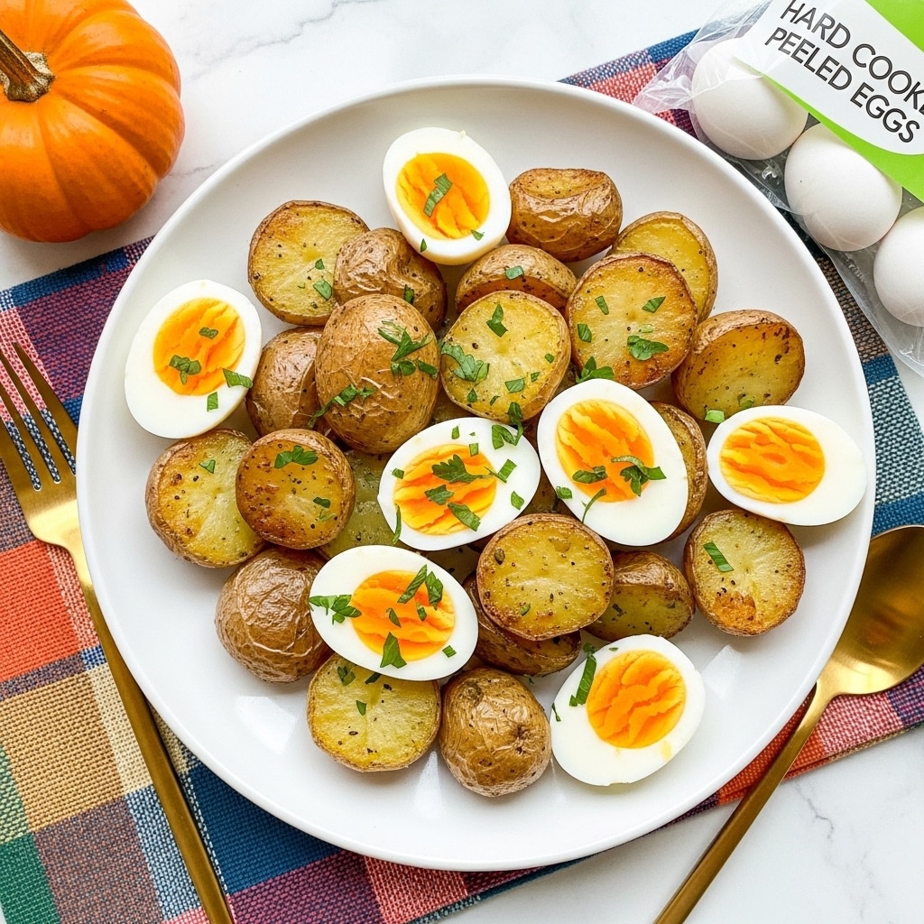 A white round plate filled with a roasted potato salad, featuring about two layers of small, brown, crispy roasted potato pieces with rough skin and golden brown cut sides. Scattered on top are six quartered hard-cooked peeled eggs with bright yellow yolks and smooth white edges, sprinkled lightly with black pepper and fresh chopped green herbs. The plate sits on a colorful green and orange plaid cloth, with a gold fork and spoon above it. On the right side, there is a upright white packet of hard-cooked peeled eggs and a small orange pumpkin near the bottom right corner, all set on a white marbled surface. Photo taken with an iphone --ar 4:5 --v 7