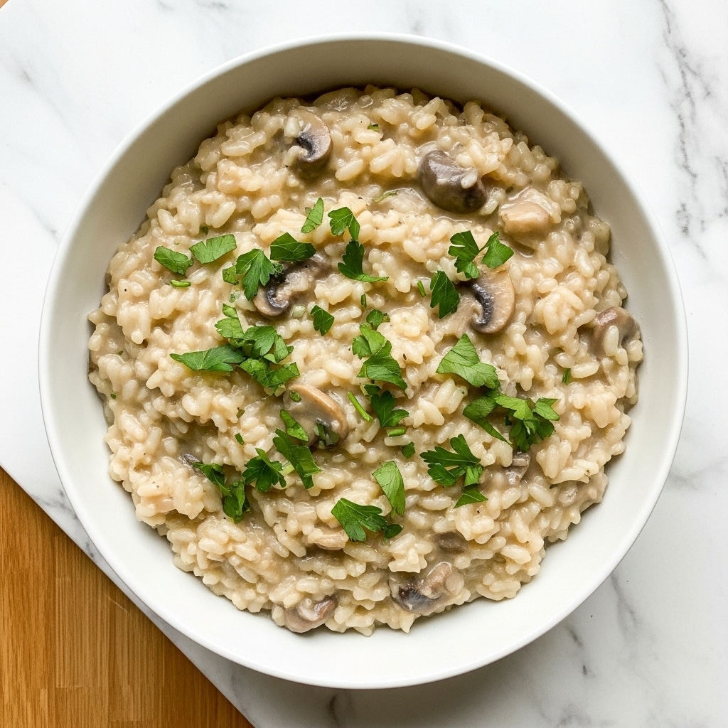 A white bowl filled with creamy risotto that has a smooth, pale yellow color, mixed with small pieces of light brown mushrooms scattered throughout. The risotto is topped with fresh green herb leaves, evenly spread on the surface. The bowl sits on a white marbled texture background, adding a clean and bright contrast to the dish. photo taken with an iphone --ar 4:5 --v 7