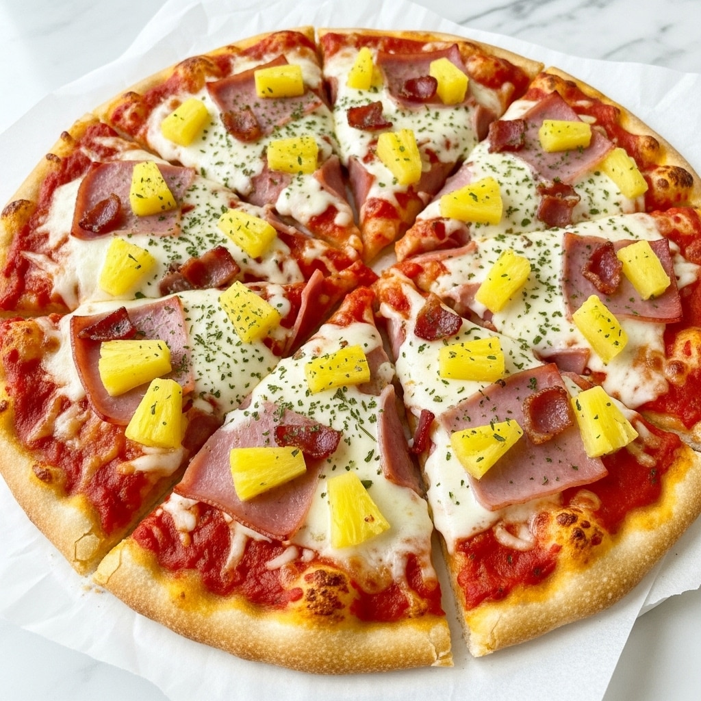 A round pizza with a golden crust topped in layers: the base layer is red tomato sauce spread evenly, covered by melted white mozzarella cheese with a slightly browned texture; scattered on top are small yellow pineapple chunks and pinkish-brown pieces of ham, with tiny bits of crispy bacon. The pizza is cut into six slices and rests on crinkled white baking paper on a white marbled surface. Photo taken with an iphone --ar 4:5 --v 7