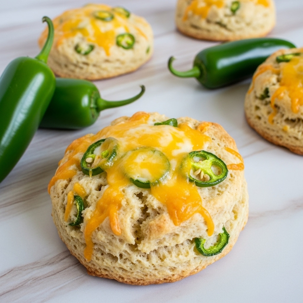 The image shows three golden, irregularly shaped baked cheese and jalapeño scones on a light wood surface. Each scone has a rough textured top layer that is creamy white with orange-yellow patches of melted cheese and small bits of green jalapeño visible. Two dark green, shiny whole jalapeños are placed near the scones, one partly in front and one behind, adding a fresh contrast to the warm tones of the scones. The close-up view highlights the crumbly and slightly crispy edges of the scones. photo taken with an iphone --ar 4:5 --v 7