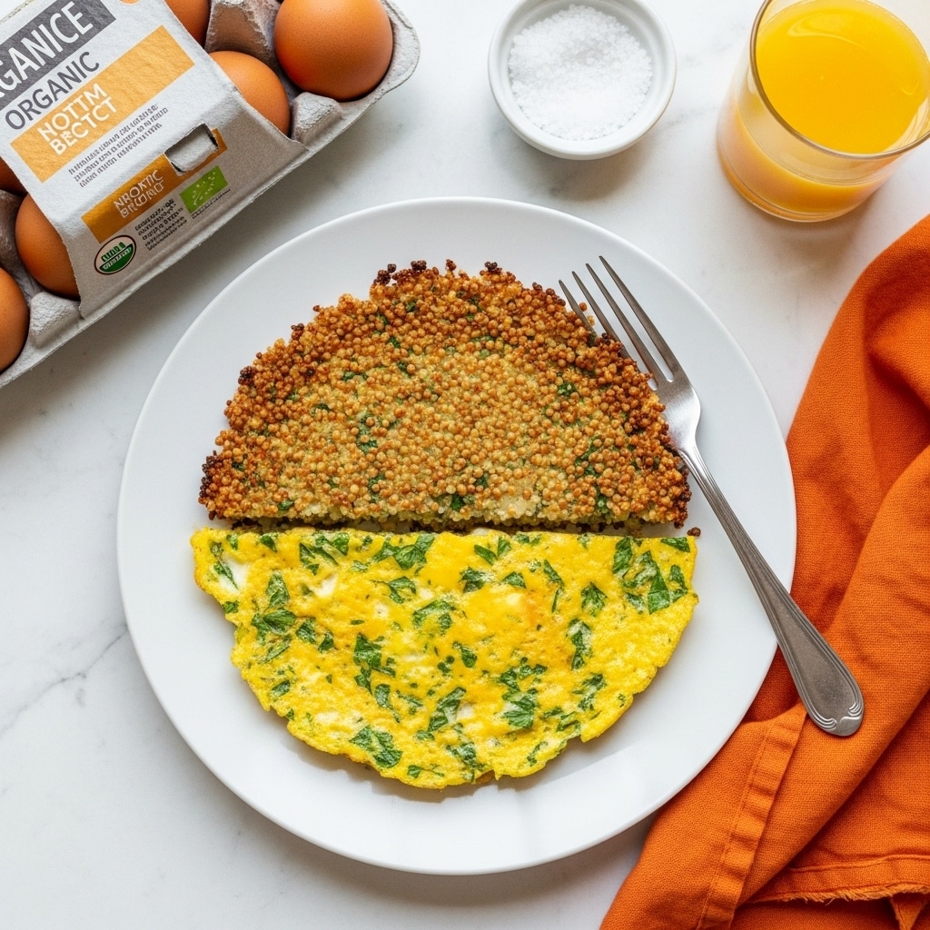 A white plate holds a two-layer dish placed on a white marbled texture. The bottom layer is a yellow omelette mixed with green herbs spread flat on the left side of the plate. On top, slightly folded over at the center, is a crispy quinoa crust with mixed light and dark seeds, adding a speckled texture and brownish color, covering half of the omelette. A silver fork rests on the right side of the plate, partially on the quinoa crust. Around the plate, there is a pack of organic eggs in its carton on the upper right, an orange cloth napkin on the upper left, a small round white container filled with coarse salt on the lower left, and a glass of orange juice partly visible near the napkin. photo taken with an iphone --ar 4:5 --v 7