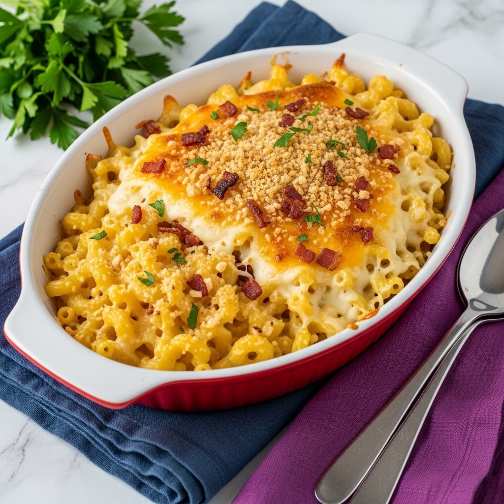 The image shows a white oval baking dish with a red rim, filled with baked macaroni and cheese. The dish is topped with melted golden-yellow cheese, crispy browned bits, and small green herb pieces, adding a touch of color. The macaroni underneath is creamy and light orange from the cheese sauce. The dish sits on a blue cloth on a white marbled surface with a purple napkin and two silver spoons beside it, and green parsley leaves are visible in the background. photo taken with an iphone --ar 4:5 --v 7
