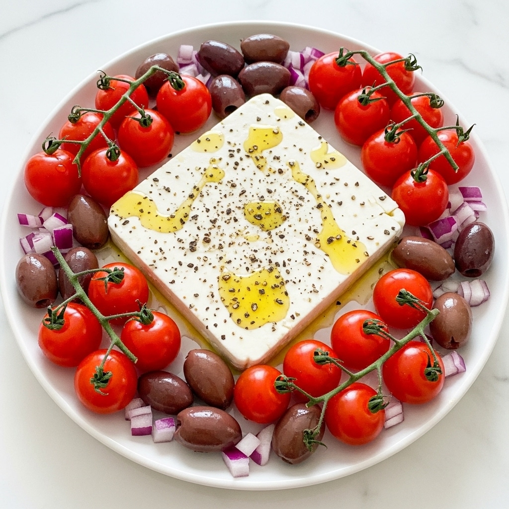 A close-up shot of a white single thick block of feta cheese placed in the center of a white marbled surface, topped with a drizzle of golden olive oil and sprinkled with coarse dried herbs and black pepper. Surrounding the cheese are multiple bright red cherry tomatoes still on their green stems, dark brown and shiny olives, and small pieces of sliced purple onions, creating a colorful and fresh look. The textures range from the smooth, slightly shiny surface of the cheese to the glossy tomatoes and olives, all resting on the soft white marbled background. photo taken with an iphone --ar 4:5 --v 7