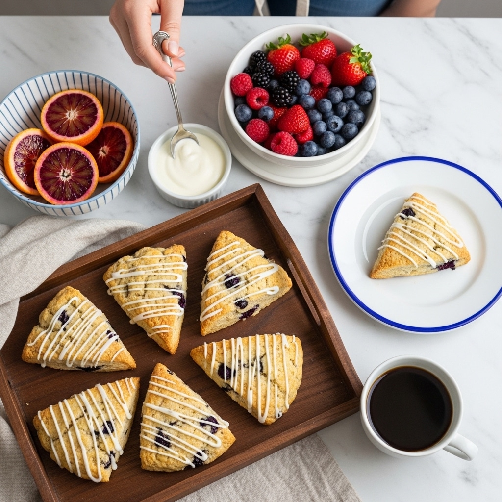 The image shows seven triangular scones with a golden-brown color and studded with dark blueberries, arranged neatly on a dark wooden tray. Each scone has a drizzle of white icing in thin diagonal lines across the top. To the right, there is a white plate with blue trim holding another scone, and beside it a cup of coffee with a light brown surface. In the upper right, a white bowl filled with fresh strawberries, blueberries, and raspberries sits on a white marbled surface, with some berries scattered around. In the upper left corner, a small white bowl contains cream with a silver spoon, and below it is a white bowl with blue striped lines holding sliced blood oranges. A blue and white checkered cloth is partially visible near the berry bowl. photo taken with an iphone --ar 4:5 --v 7