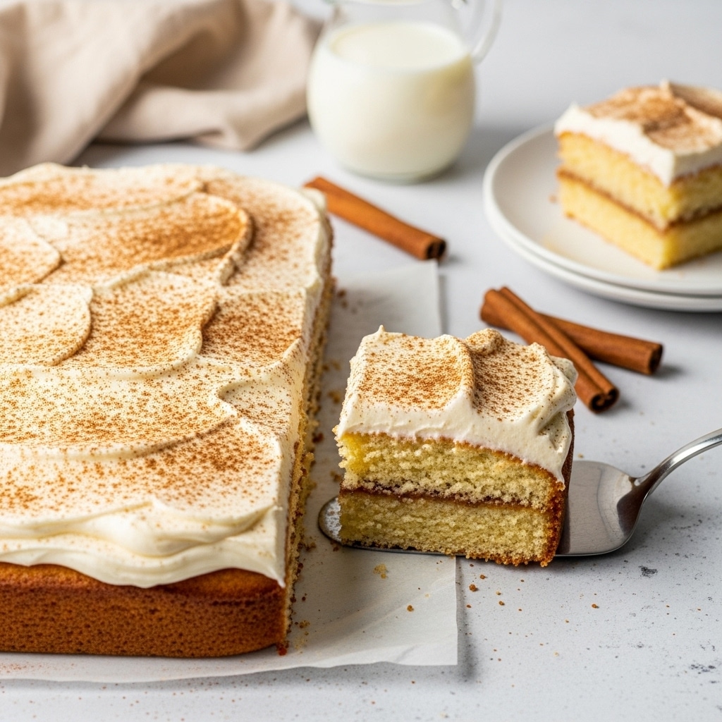 The image shows a rectangular cake with two layers: the bottom layer is light golden brown and sponge-like, and the top layer is thick white cream, spread unevenly with smooth swirls and soft peaks. The cream is sprinkled with a fine layer of brown cinnamon powder on top. A metal spatula is lifting a slice from the cake, revealing the soft texture of the cake underneath. To the top right, a white plate holds a square piece of the same cake. The setting includes a white marbled surface with cinnamon sticks, a small metal sifter, a beige cloth, and a glass jug of milk in the top left corner. photo taken with an iphone --ar 4:5 --v 7