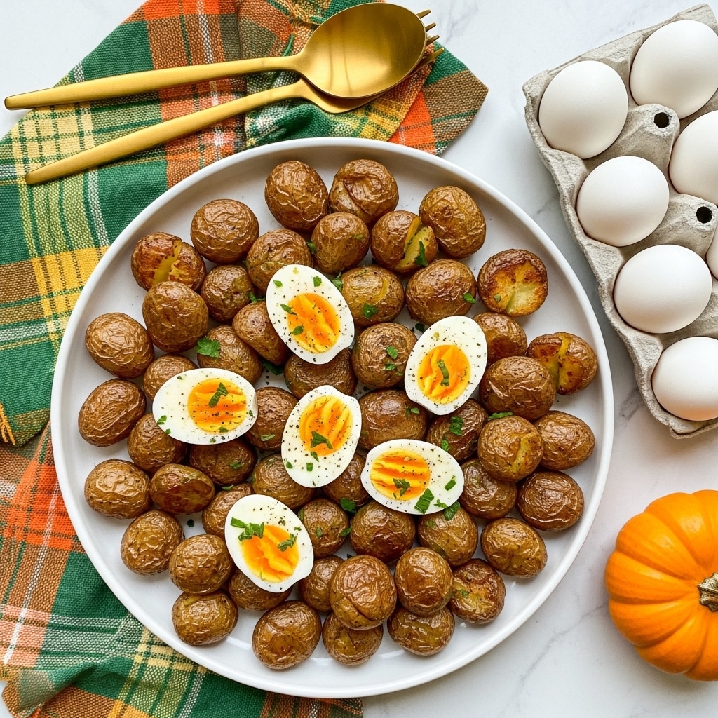 A white plate holds a dish of roasted baby potatoes cut into halves with a golden-brown crispy skin, mixed with quartered hard-cooked peeled eggs showing bright yellow yolks and smooth white edges. The potatoes and eggs are sprinkled with chopped fresh green herbs, giving a fresh look on top. The plate sits on a colorful plaid cloth, and a golden fork and spoon are placed nearby. The background is a white marbled surface with a small orange pumpkin and a white bag of hard-cooked peeled eggs visible on the side. photo taken with an iphone --ar 4:5 --v 7
