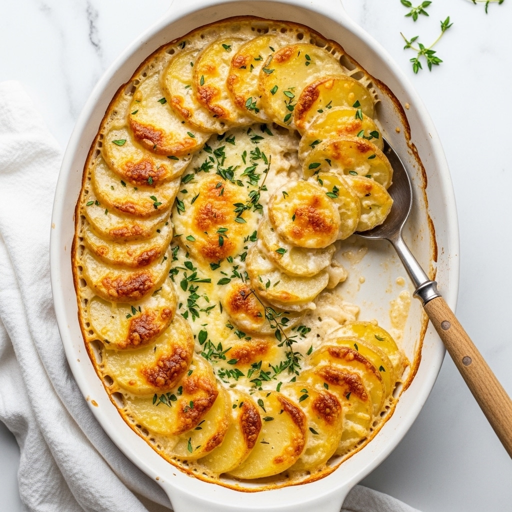 This image shows a white oval baking dish filled with creamy scalloped potatoes. The dish has several thin layers of soft, yellow potato slices covered in melted, bubbly golden cheese with slight browning on top. There are small pieces of green herbs sprinkled all over for color, and a sprig of fresh thyme lies on top near the center. A large spoon with a vintage silver head and wooden handle rests inside the dish to the right, slightly lifting some potato slices. The dish sits on a white marbled surface, with a white cloth partially visible on the right side. Photo taken with an iphone --ar 4:5 --v 7
