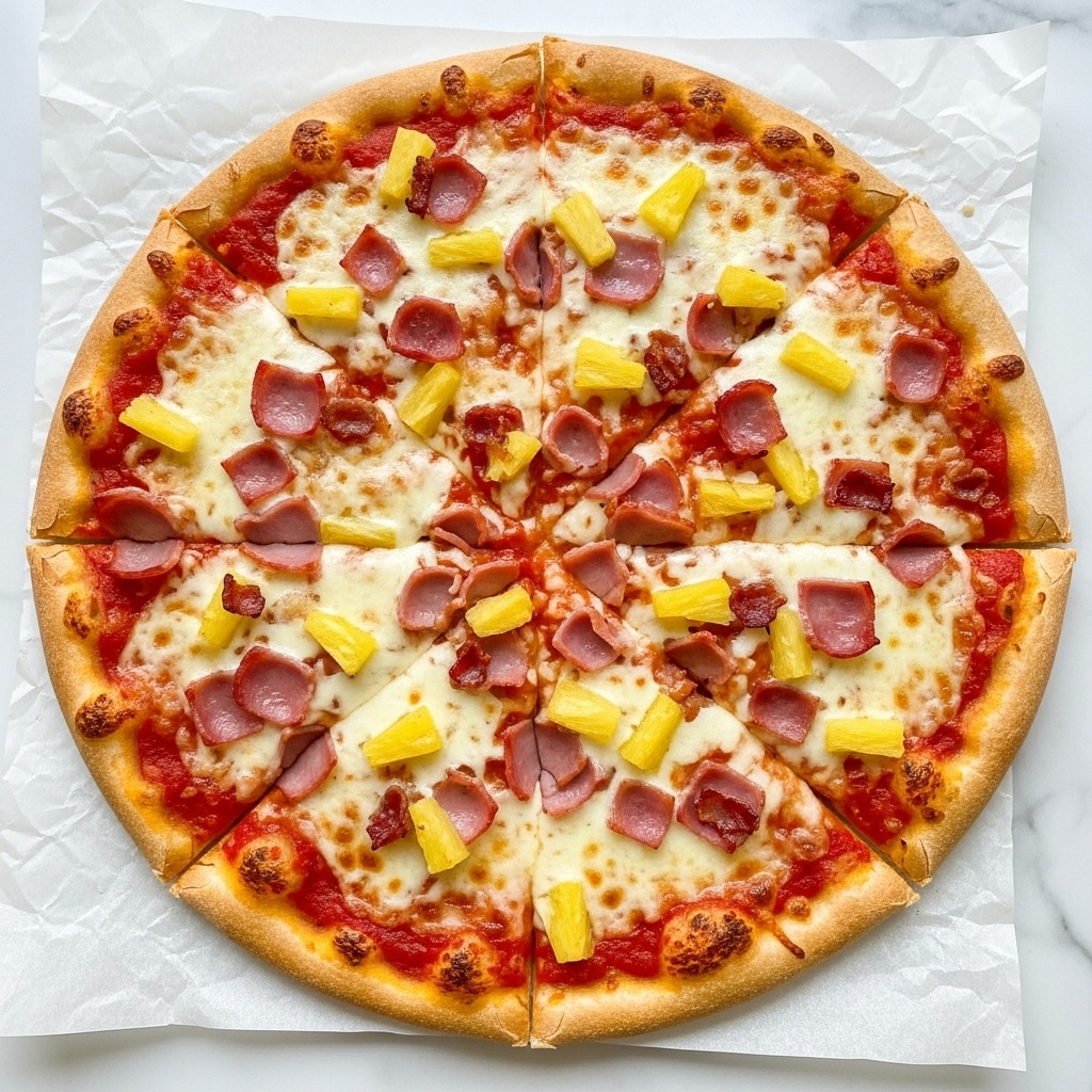 A pizza with a golden crust as the bottom layer, topped with a smooth red tomato sauce spread evenly. The next layer is melted white cheese covering the sauce with chunky yellow pineapple pieces and brown ham slices scattered over the cheese. Small bits of darker bacon add texture, and a light sprinkling of green herbs is spread on top. The pizza is cut into slices and placed on white parchment paper on a white marbled surface. photo taken with an iphone --ar 4:5 --v 7