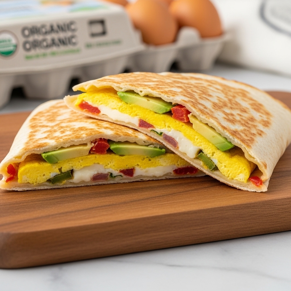 The image shows two halves of a folded flatbread wrap on a wooden board. The outer layer is a light golden brown tortilla with slight toasting marks. Inside, there are layers of soft, melted cheese in white, slices of green avocado, small pieces of red tomato, and scrambled yellow eggs mixed with brown cooked bits, likely sausage or ground meat. The filling layers are visible and closely packed within the wrap. In the background, there is a carton of brown eggs slightly out of focus against a white marbled surface. photo taken with an iphone --ar 4:5 --v 7