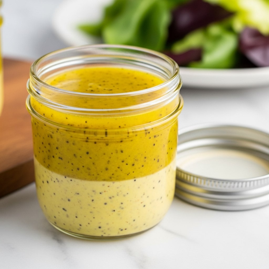 A small clear glass jar filled with bright yellow vinaigrette dressing with tiny dark herb specks mixed in. The dressing shows two slight layers, with a thinner pale yellow layer settled at the bottom and a thicker, more vibrant yellow layer above it. The jar has no lid on, but a silver lid with dressing remnants sits next to it on the wooden table. In the blurred background, there is a white plate with green salad and some colorful ingredients, all set on a white marbled surface. Photo taken with an iphone --ar 4:5 --v 7