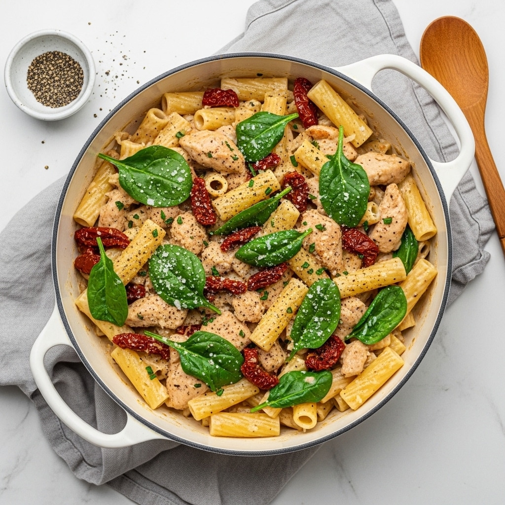 A white pot filled with creamy pasta sits on a light gray cloth over a white marbled surface, next to a wooden spoon on the right and a small white cup with black pepper on the top left. The pasta has two types of noodles: short tube-shaped and flat rectangle pieces, all coated in a white creamy sauce. Mixed in are bright green spinach leaves, red sun-dried tomato slices, and bits of cooked chicken. The dish is sprinkled with grated cheese and chopped green herbs. photo taken with an iphone --ar 4:5 --v 7