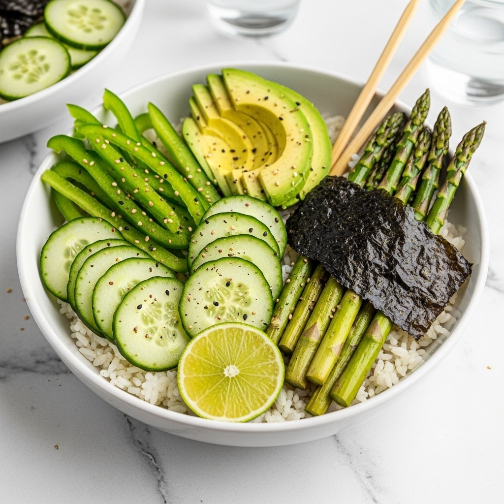 The image shows a white bowl filled with several layers starting with white rice at the bottom edge, topped with grilled green asparagus on one side. Next to the asparagus is a small piece of dark dried seaweed. Layered slices of fresh green cucumber fan out across part of the bowl, partially covered by thin slices of ripe avocado sprinkled lightly with sesame seeds. A wedge of light green lime rests beside the cucumber and avocado slices. On the side, a few long strips of green bell pepper stand upright. The bowl is placed on a bright yellow surface with two glasses of clear liquid and a pair of chopsticks resting near the bottom edge of the image. Photo taken with an iphone --ar 4:5 --v 7