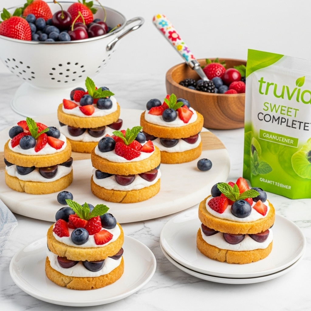 The image shows small toppings on several pieces of toasted bread arranged on a round light brown marble board resting on a woven mat over a white marbled surface. Each toast has three layers: a base of golden brown toasted bread, a thick layer of white cream on top, and diced red strawberries, dark blueberries, and small green mint leaves as the final toppings. Three additional toasts are on two white plates to the left and top, and a colander with more fresh strawberries, blueberries, and cherries is placed at the back right. A wooden bowl with mixed berries and a floral patterned spoon is on the right. A green and white bag of Truvia Sweet Complete sweetener is positioned standing next to the colander. Photo taken with an iphone --ar 4:5 --v 7