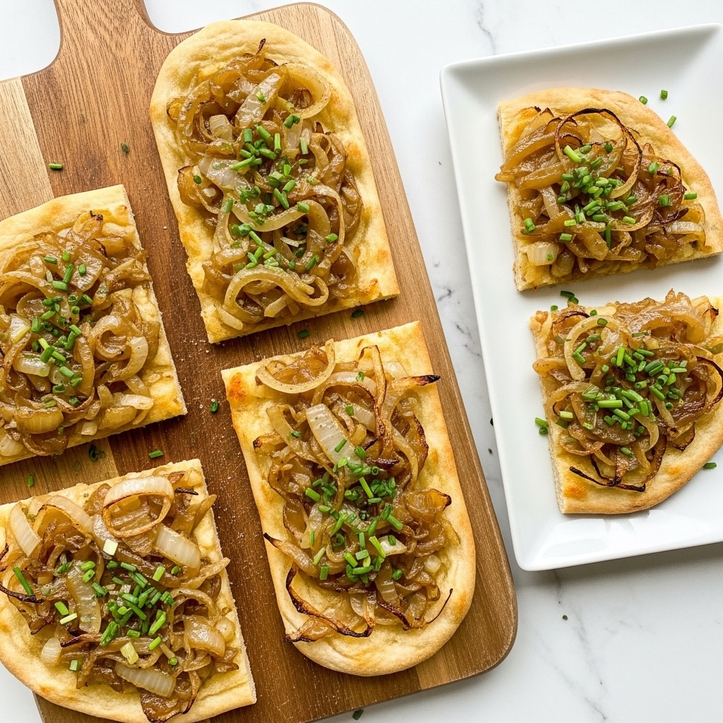 The image shows five rectangular pieces of flatbread topped with a thick layer of cooked onions, which are light brown and slightly caramelized, with a creamy sauce mixed in. Each piece is garnished with small green chive pieces scattered on top. Four pieces rest on a wooden cutting board, while one piece is placed on a white plate with a subtle leaf pattern. The flatbread crust is golden brown and slightly crispy, and the onions appear soft and glossy. The setting includes a white marbled surface below the board and plate. photo taken with an iphone --ar 4:5 --v 7
