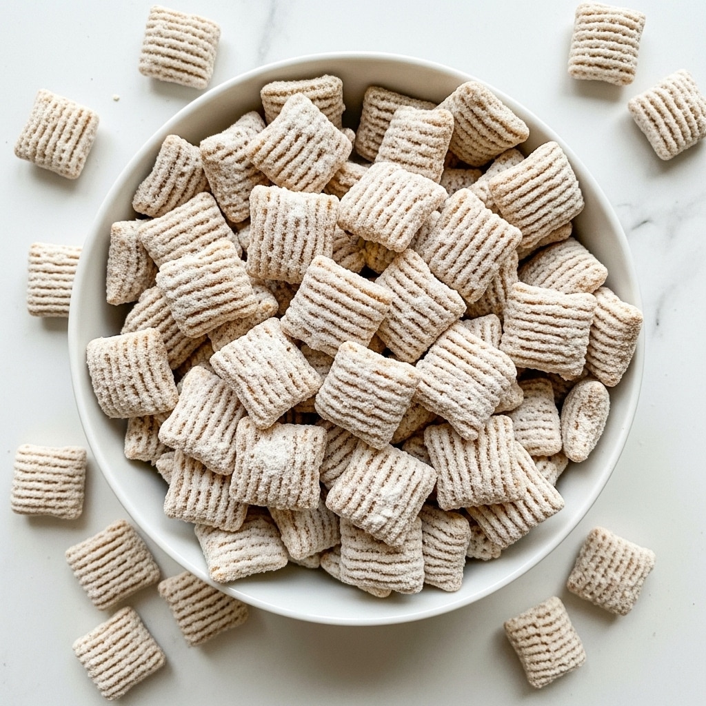 A white bowl filled to the top with many small, square-shaped cereal pieces covered evenly in a white powdered sugar coating, giving them a rough texture. Some pieces of the same cereal are scattered around the bowl on a white marbled surface. The colors are mainly light brown from the cereal and bright white from the sugar dusting, making a contrast between the two. photo taken with an iphone --ar 4:5 --v 7