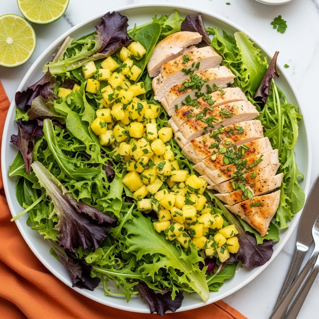 The image shows a white round plate filled with a colorful salad as the base layer, consisting of green and purple leafy lettuce mixed together. On top of the bed of greens, there is a grilled chicken breast with a light golden brown color and visible grill marks, sliced partially to reveal its juicy inside. The chicken is topped with bright yellow diced pineapple salsa, which adds a fresh and tropical look with small green herb bits mixed in. The plate rests on an orange cloth over a white marbled surface, with a knife and fork placed nearby. In the background are small bowls of more pineapple salsa, lime wedges, and extra pineapple slices. Photo taken with an iphone --ar 4:5 --v 7