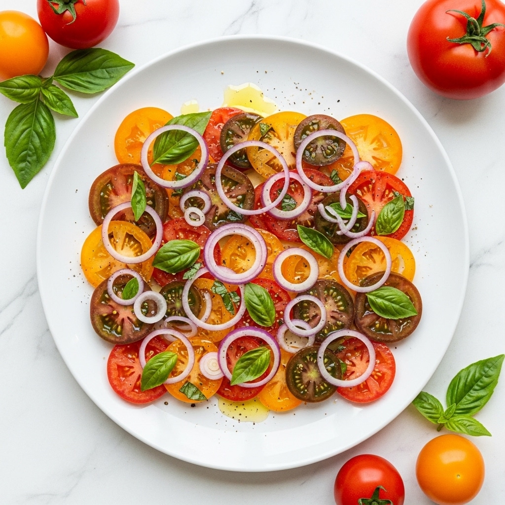 A white plate filled with a colorful tomato salad layered with thick slices of red, orange, and yellow tomatoes, topped with thinly sliced purple onion rings scattered across the dish. Small green basil leaves are spread evenly over the top, adding a fresh green touch. The salad is lightly drizzled with olive oil that gleams on the tomato slices, and a few drops of black pepper are visible as seasoning. Surrounding the plate is a white marbled surface with various whole tomatoes and green basil leaves placed casually around it, along with a black fork and spoon nearby. photo taken with an iphone --ar 4:5 --v 7