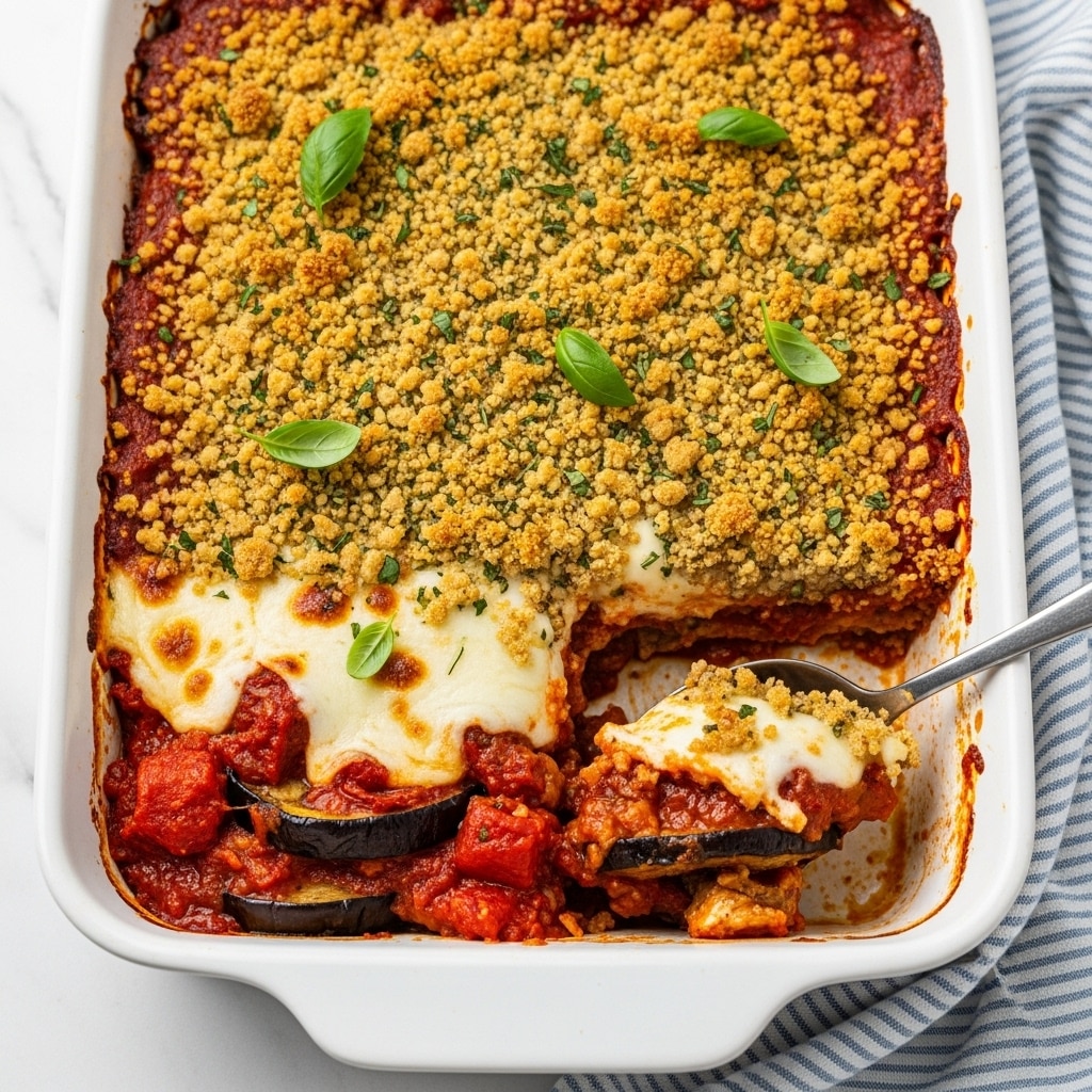 A close-up view of a baked layered dish inside a white rectangular baking dish, showing a thick golden crumb topping with a crunchy texture dotted with small green herb leaves. Underneath this crumb layer, there is a bubbly, melted pale yellow cheese layer, partially pulled aside by a silver spoon to reveal a hidden layer of chunky tomato sauce with visible bits of cooked eggplant slices and some herbs. The tomato layer is rich red with a slightly oily shine and mixed textures, resting directly on the bottom of the white baking dish. The overall look is warm, baked, and inviting with a mix of crispy, melted, and saucy textures on a white marbled surface background. Photo taken with an iphone --ar 4:5 --v 7
