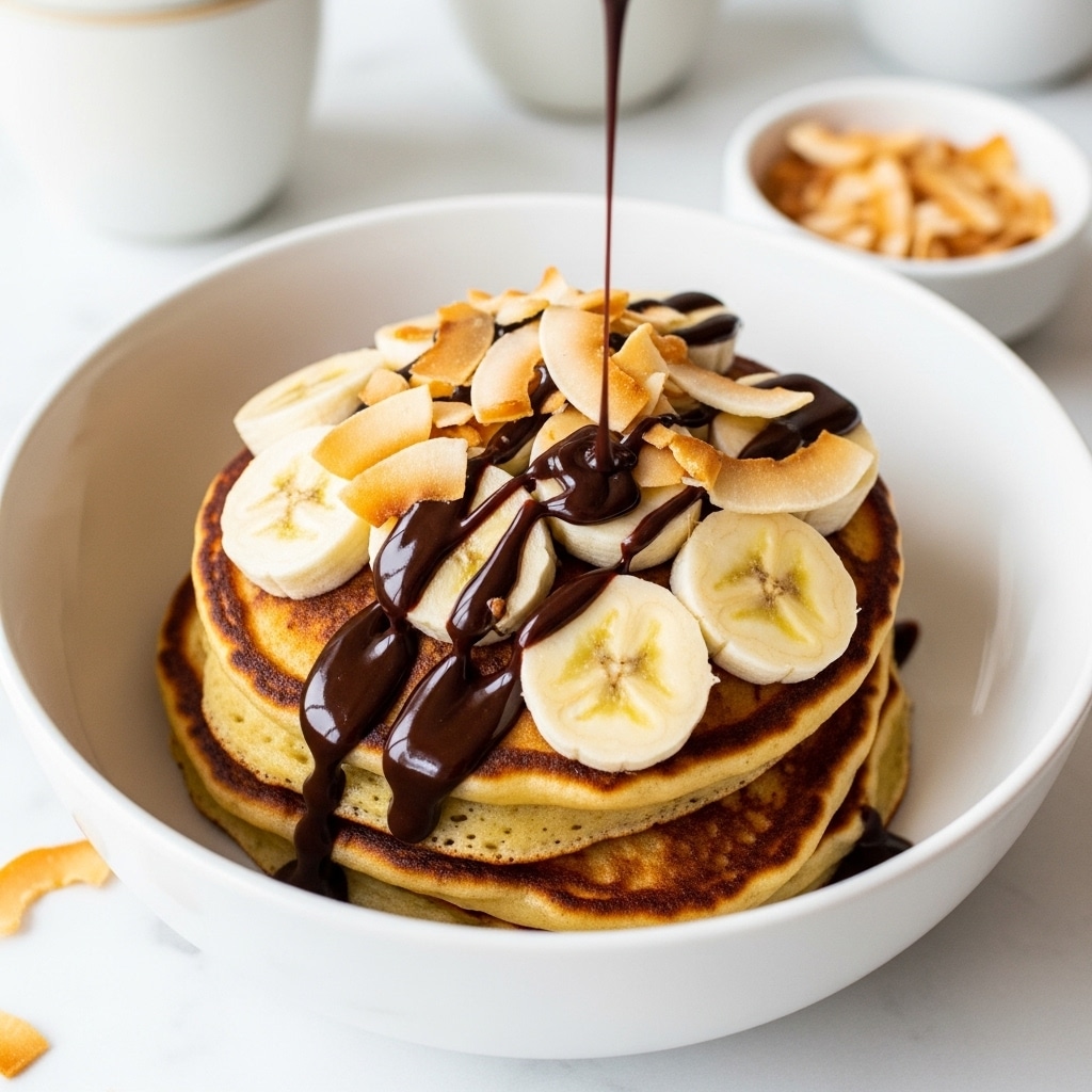 A dish with two thick, golden-brown pancakes placed in a white bowl, topped with caramelized banana slices that have a glossy texture. The pancakes and bananas are covered with a rich, dark chocolate sauce that drips slightly over the edges. On top, there are scattered large coconut flakes adding a rough, light beige texture. The bowl sits on a white marbled surface, and there are blurred small white containers and a small metal bowl with a spoon in the background. photo taken with an iphone --ar 4:5 --v 7