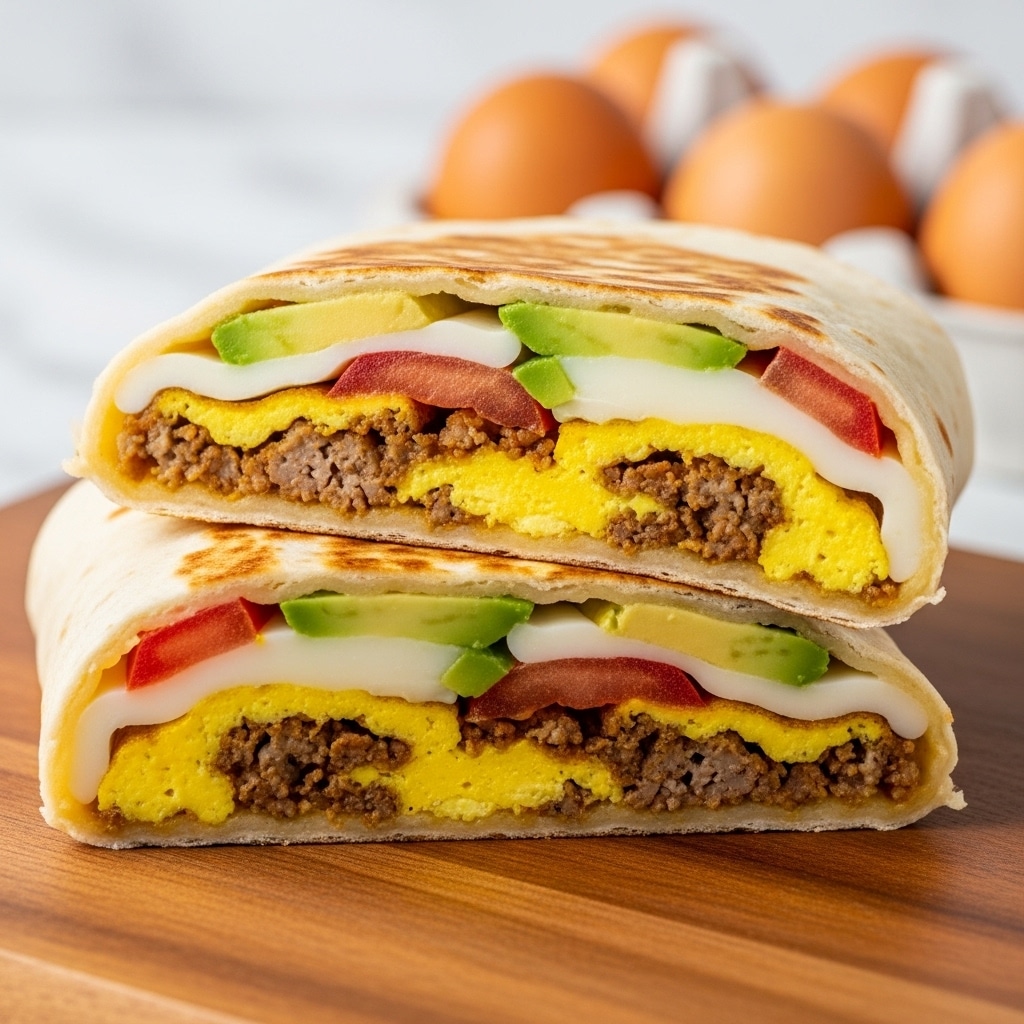 Two folded quesadilla halves rest on a wooden board, each showing three layers inside: the outer layer is a light golden-brown toasted flour tortilla, the middle layer contains melted white cheese with bits of red and green vegetables, and the inner layer features cooked yellow scrambled eggs with green slices of avocado on top. The background shows a carton of organic brown eggs and a soft white marbled texture beneath the cutting board. photo taken with an iphone --ar 4:5 --v 7