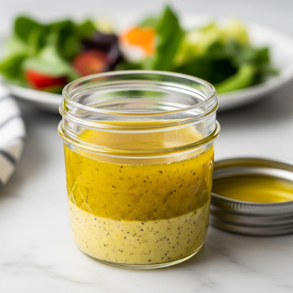 A close-up photo of a small clear glass jar filled with bright yellow salad dressing with black specks evenly mixed in, showing a two-layer texture with a slightly thicker, more opaque yellow layer on top and a thinner, lighter yellow layer at the bottom. The jar is open with the silver lid placed nearby on the wooden surface. A blurred white plate with green and red salad is in the background, all set on a white marbled surface. Photo taken with an iphone --ar 4:5 --v 7